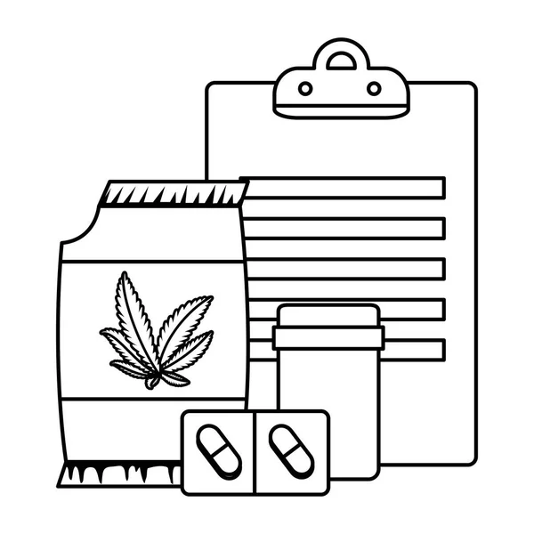 Lista de control y productos de botellas de cannabis — Vector de stock