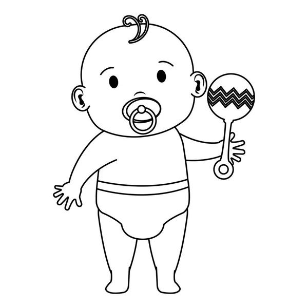 Cute little baby boy with pacifier and bell character — Stock Vector