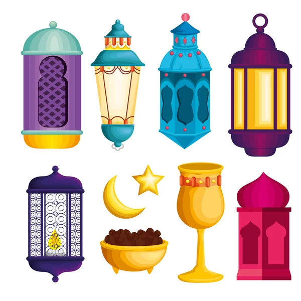 Set lamps with chalice and moon with star decoration — Stock Vector