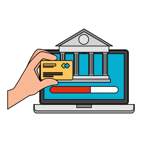 Laptop met bankgebouw en creditcard — Stockvector