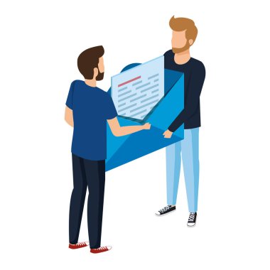 young men lifting envelope mail send