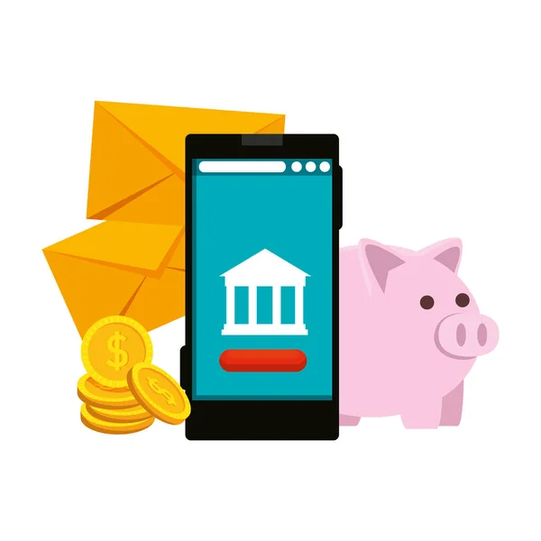 Смартфон с приложением для банковского строительства и конверты с деньгами — стоковый вектор