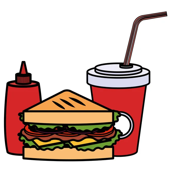 Delizioso sandwish con soda e ketchup bottiglia — Vettoriale Stock
