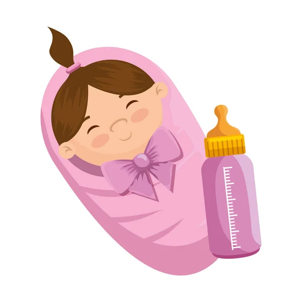 Schattige kleine meisje baby met fles melk — Stockvector