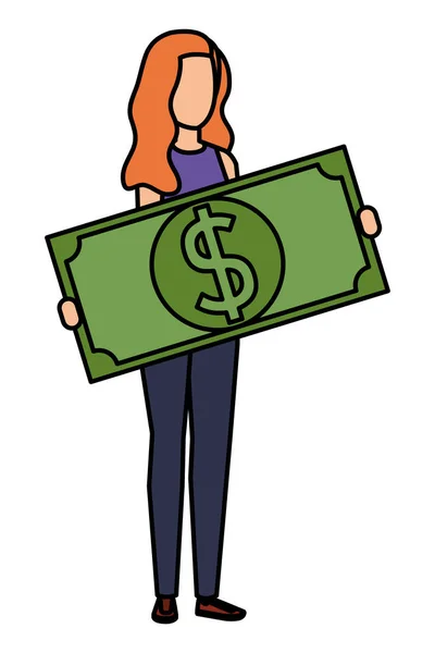 Mulher levantando conta dinheiro caráter dólar — Vetor de Stock