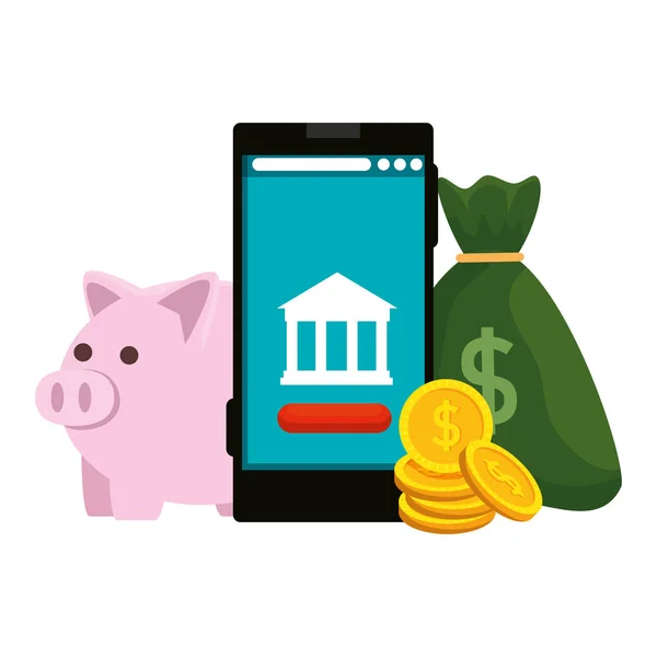 Smartphone med bank Building app och Piggy — Stock vektor