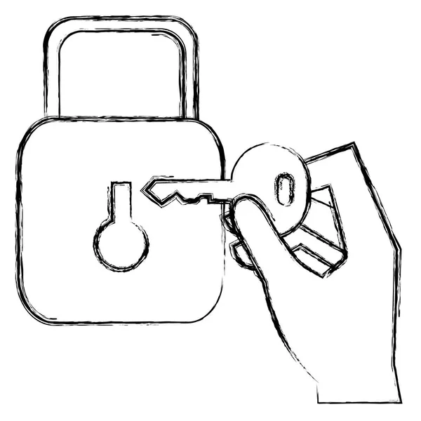 Hand mit sicherem Vorhängeschloss und Schlüssel — Stockvektor