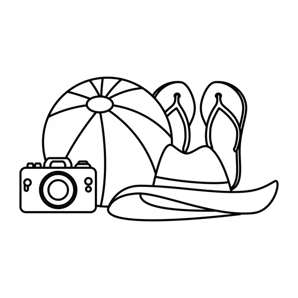 Strand ballon en camera met zomer iconen — Stockvector