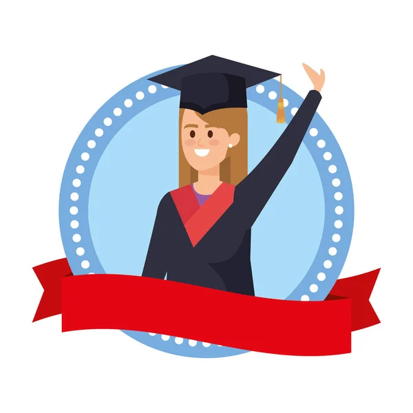 Woman student graduated celebrating in emblem with ribbon — Stok Vektör