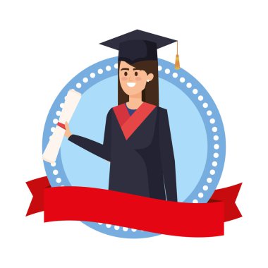 young woman student graduated in emblem with ribbon