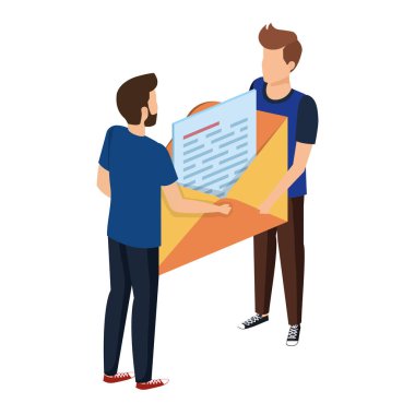 young men lifting envelope mail send