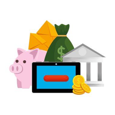 banka binası e-ticaret simgeleri ile tablet