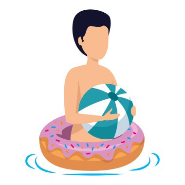 Havada duran donut ve balon plastiği olan genç adam.