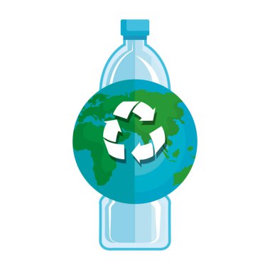 dünya gezegeni ve geri dönüşüm okları ile plastik şişe