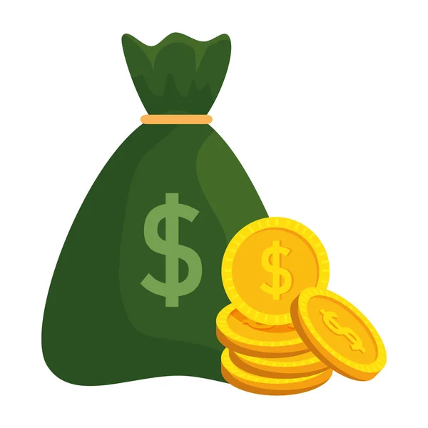 Τσάντα χρήματα με κέρματα δολάρια — Διανυσματικό Αρχείο