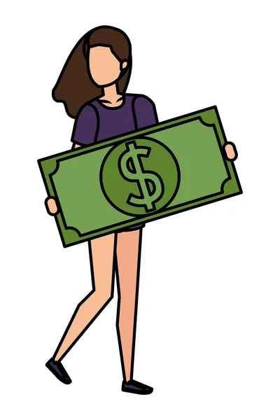 Femme soulevant billet argent dollar caractère — Image vectorielle