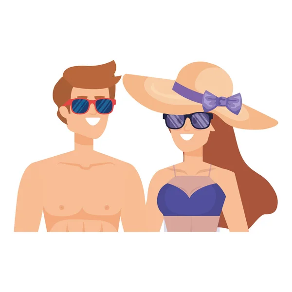 Pareja joven con traje de baño y gafas de sol — Vector de stock