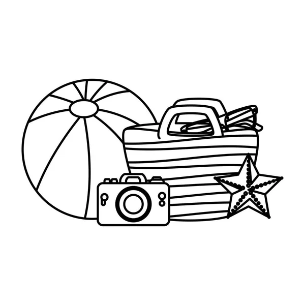 Strandtas en camera fotografische met zomer iconen — Stockvector