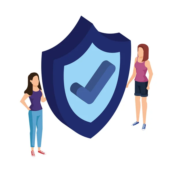 Women lifting shield security with ok symbol — Stock Vector