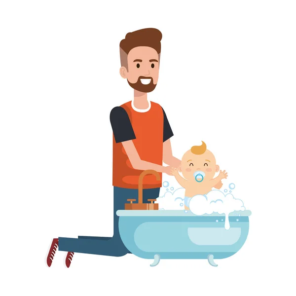 Padre con el bebé bañándose en la bañera — Vector de stock