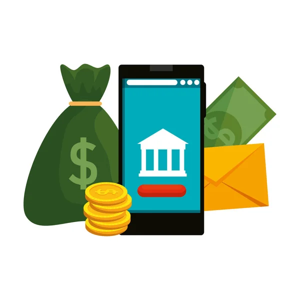 Smartphone con edificio bancario e icone monetarie — Vettoriale Stock