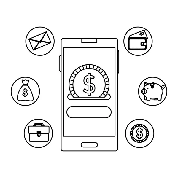 Smartphone con moneda dólar y ecommerce iconos — Vector de stock