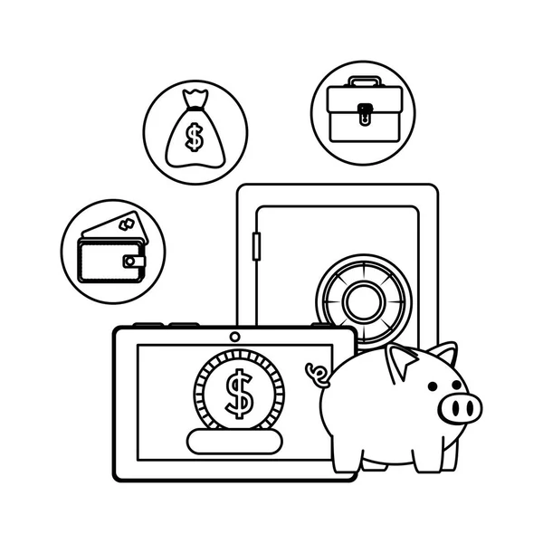 Caja fuerte con iconos de tableta y comercio electrónico — Archivo Imágenes Vectoriales