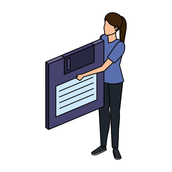 Jovem mulher levantando disquete armazenamento de dados Ilustração De Stock