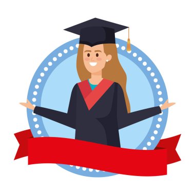 Genç kız öğrenci kurdele amblemi ile mezun oldu.