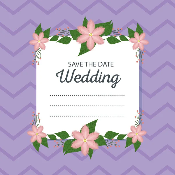Fleurs avec feuilles à la carte de mariage à l'événement — Image vectorielle