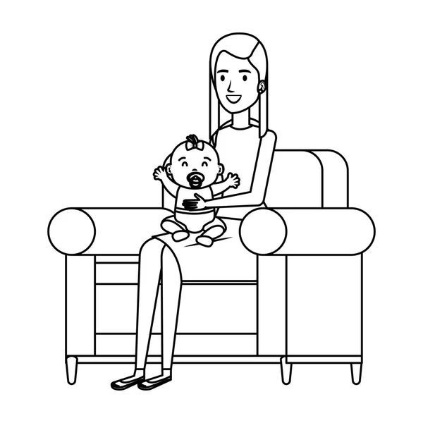 Mãe levantando pequeno bebê sentado no sofá — Vetor de Stock