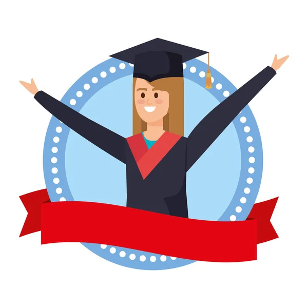 Woman student graduated celebrating in emblem with ribbon — Stok Vektör