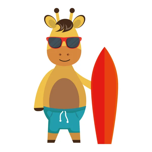 Jirafa con gafas de sol de verano y tabla de surf — Vector de stock