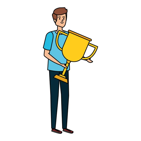 Jovem homem levantando troféu Copa prêmio — Vetor de Stock