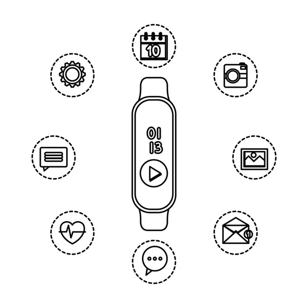 Smartwatch com botão media player e conjunto de aplicativos — Vetor de Stock
