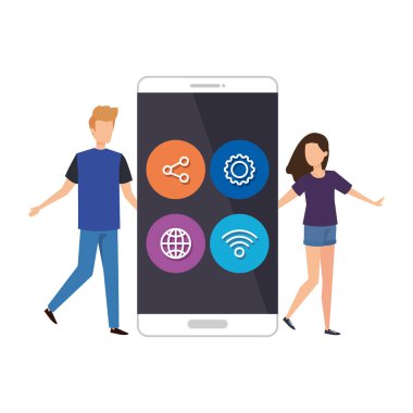 young couple with smartphone and social media menu