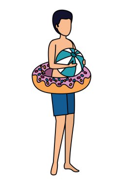 Havada duran donut ve balon plastiği olan genç adam.