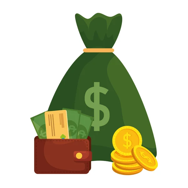 Pénz táska pénzérmékkel és pénztárcával számlák dollárral — Stock Vector
