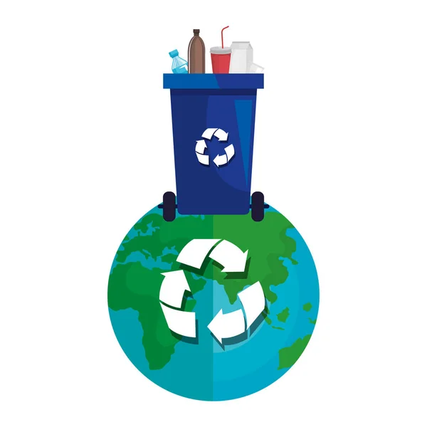 Weltplaneten mit Recyclingabfällen und Plastikprodukten — Stockvektor