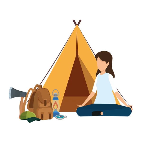 Tent camping with woman and travelbag — Stock Vector