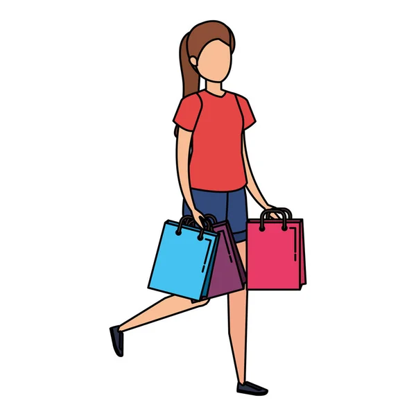 Νεαρή γυναίκα άρση τσάντες ψώνια χαρακτήρα — Διανυσματικό Αρχείο