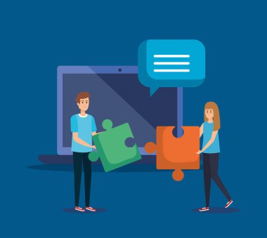 Bulmacalı kadın ve erkek ve dizüstü bilgisayarlı sohbet balonu