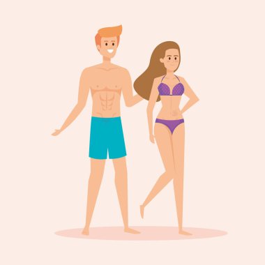 Kadın mayo giyiyor ve erkek mayo giyiyor.