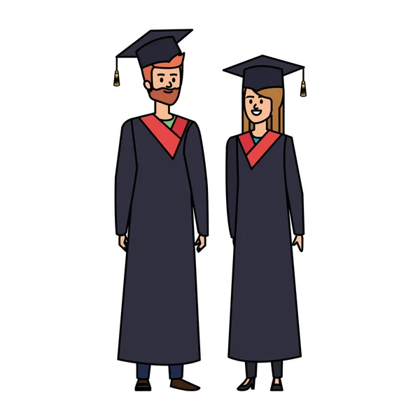 Jovem casal estudantes graduados personagens — Vetor de Stock