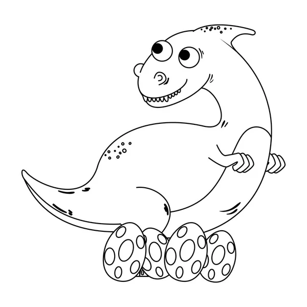 Lindo dinosaurio cuidado de sus huevos personaje cómico — Vector de stock