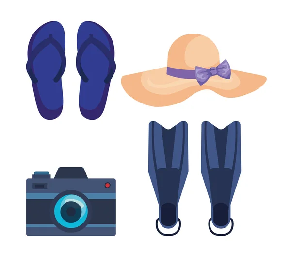 Set of flip-flop with hat and camera with fin water equipment — Stock Vector