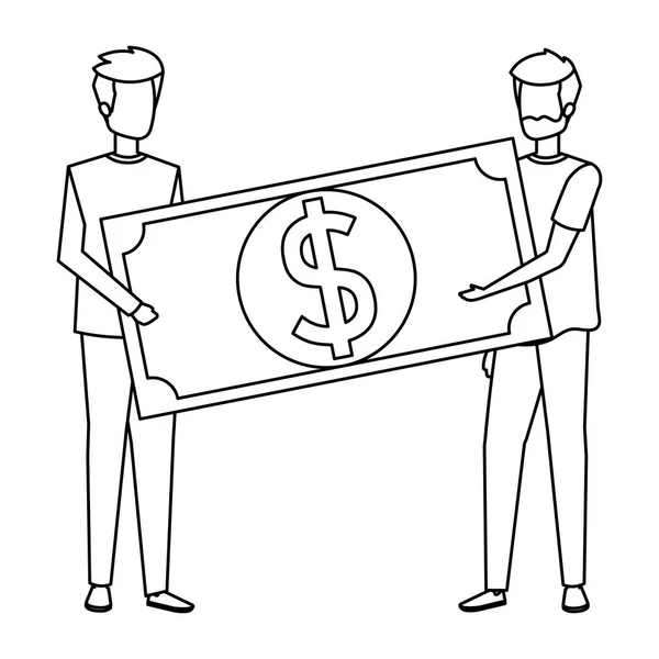 Jeunes hommes soulevant billets d'argent caractères dollar — Image vectorielle