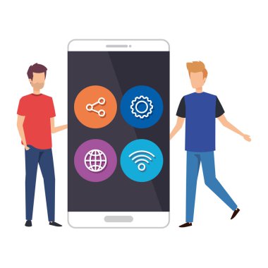 Akıllı telefon ve sosyal medya menüsüne sahip genç erkekler