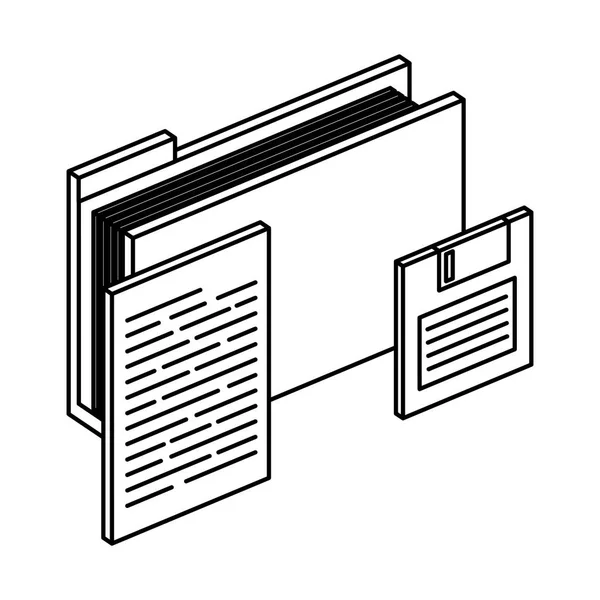 Carpeta con archivos de documentos y disquete — Vector de stock