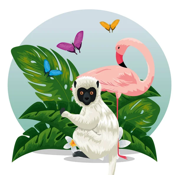 Lemur with flamish and butterflies animals with leaves — Stock Vector